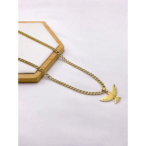 CORRENTE DE AÇO INOXIDAVEL 60CM ELO GRUMET 1.4MM PINGENTE ESPIRITO SANTO - DOURADA