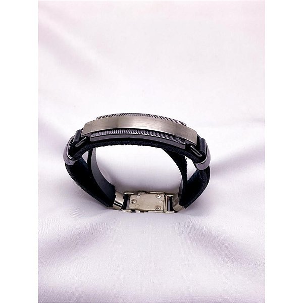PULSEIRA MASCULINA COURO AÇO INOX E ZAMAC 20CM PLACA PARA GRAVAÇÃO - PRATEADA