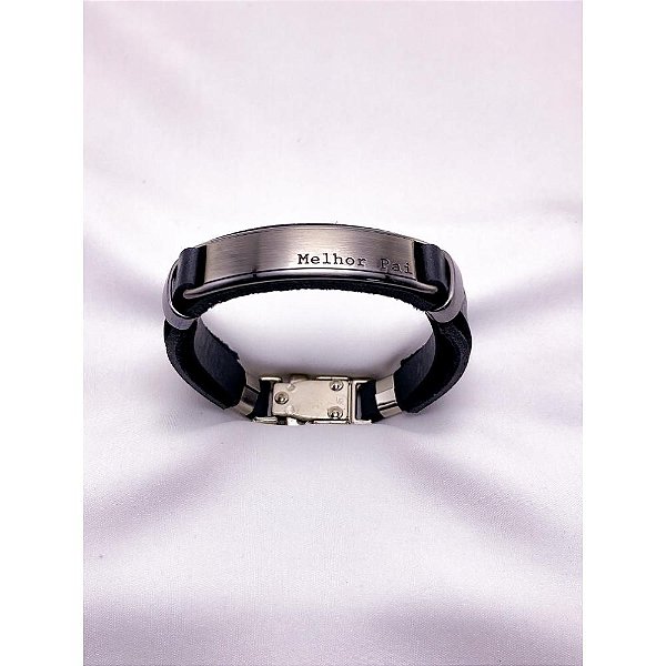 PULSEIRA MASCULINA COURO AÇO INOX E ZAMAC 20CM MELHOR PAI - PRATEADA