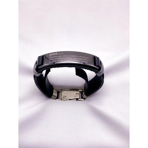 PULSEIRA MASCULINA COURO AÇO INOX E ZAMAC 20CM PAI SEU MELHOR AMIGO - PRATEADA