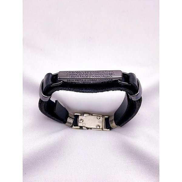 PULSEIRA MASCULINA COURO AÇO INOX E ZAMAC 20CM PAI NOSSO - PRATEADA