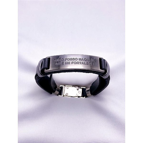 PULSEIRA MASCULINA COURO AÇO INOX E ZAMAC 20CM TUDO POSSO NAQUELE QUE ME FORTALECE - PRATEADA