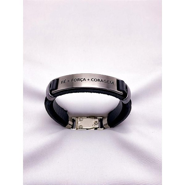 PULSEIRA MASCULINA COURO AÇO INOX E ZAMAC 20CM FÉ FORÇA CORAGEM - PRATEADA