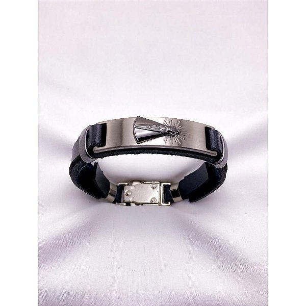 PULSEIRA MASCULINA COURO AÇO INOX E ZAMAC 20CM NOSSA SENHORA - PRATEADA