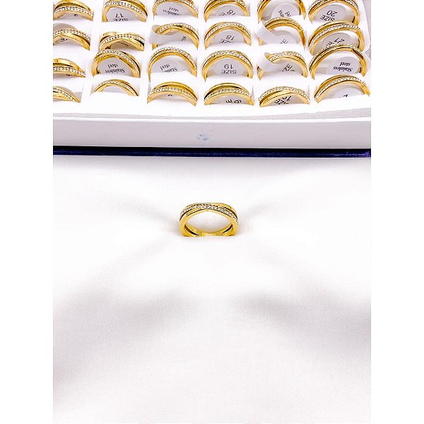 ANEL AÇO INOXIDÁVEL 2 FIOS ENTRELAÇADOS CRAVEJADO PEDRA CRISTAL - DOURADO (UNIDADE)