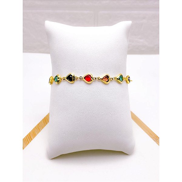 PULSEIRA AÇO INOXIDÁVEL CORAÇÕES COLORIDOS - DOURADA