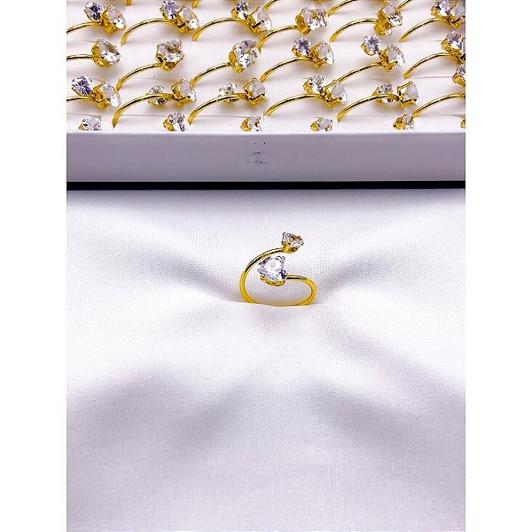 ANEL AÇO INOXIDÁVEL AJUSTAVEL CORAÇÃO PEDRA CRISTAL - DOURADO (UNIDADE)