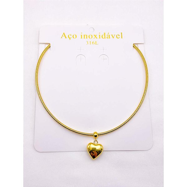 COLAR AÇO INOXIDÁVEL ARO SEMI RÍGIDO PINGENTE CORAÇÃO - DOURADO