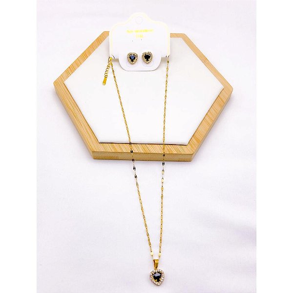 CONJUNTO COLAR  E BRINCO AÇO INOXIDÁVEL  PINGENTE CORAÇÃO CRAVEJADO PEDRA PRETA - DOURADO