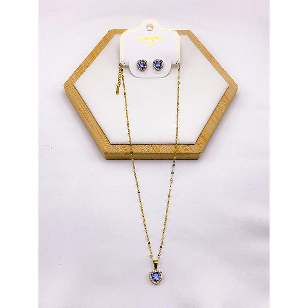 CONJUNTO COLAR  E BRINCO AÇO INOXIDÁVEL  PINGENTE CORAÇÃO CRAVEJADO PEDRA AZUL - DOURADO