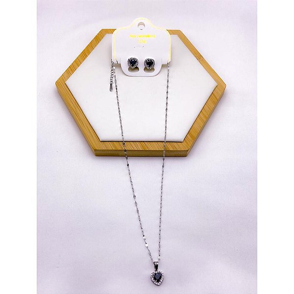 CONJUNTO COLAR  E BRINCO AÇO INOXIDÁVEL  PINGENTE CORAÇÃO CRAVEJADO PEDRA PRETA - PRATEADO