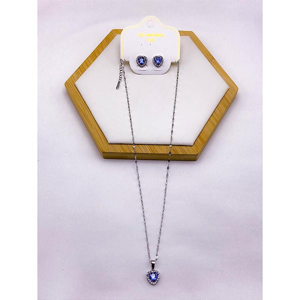 CONJUNTO COLAR  E BRINCO AÇO INOXIDÁVEL  PINGENTE CORAÇÃO CRAVEJADO PEDRA AZUL - PRATEADO