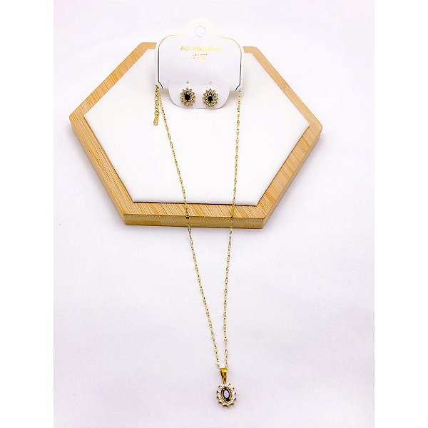 CONJUNTO COLAR  E BRINCO AÇO INOXIDÁVEL  PINGENTE OVAL CRAVEJADO PEDRA PRETA - DOURADO