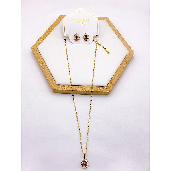 CONJUNTO COLAR  E BRINCO AÇO INOXIDÁVEL  PINGENTE OVAL CRAVEJADO PEDRA VERMELHO - DOURADO