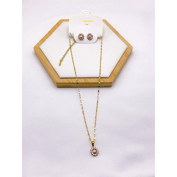 CONJUNTO COLAR  E BRINCO AÇO INOXIDÁVEL  PINGENTE OVAL CRAVEJADO PEDRA ROSA - DOURADO