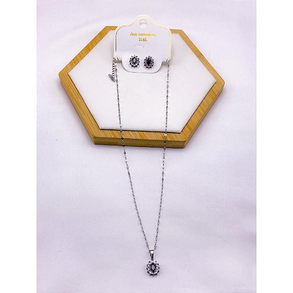 CONJUNTO COLAR  E BRINCO AÇO INOXIDÁVEL  PINGENTE OVAL CRAVEJADO PEDRA PRETA - PRATEADO