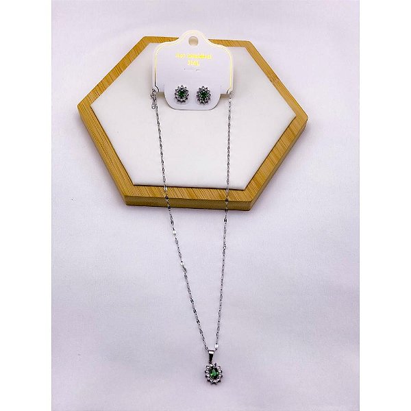 CONJUNTO COLAR  E BRINCO AÇO INOXIDÁVEL  PINGENTE OVAL CRAVEJADO PEDRA VERDE - PRATEADO