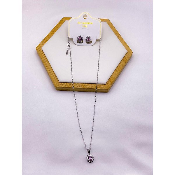 CONJUNTO COLAR  E BRINCO AÇO INOXIDÁVEL  PINGENTE OVAL CRAVEJADO PEDRA ROSA - PRATEADO