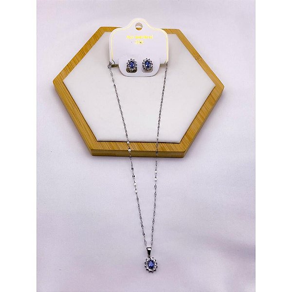 CONJUNTO COLAR  E BRINCO AÇO INOXIDÁVEL  PINGENTE OVAL CRAVEJADO PEDRA AZUL - PRATEADO