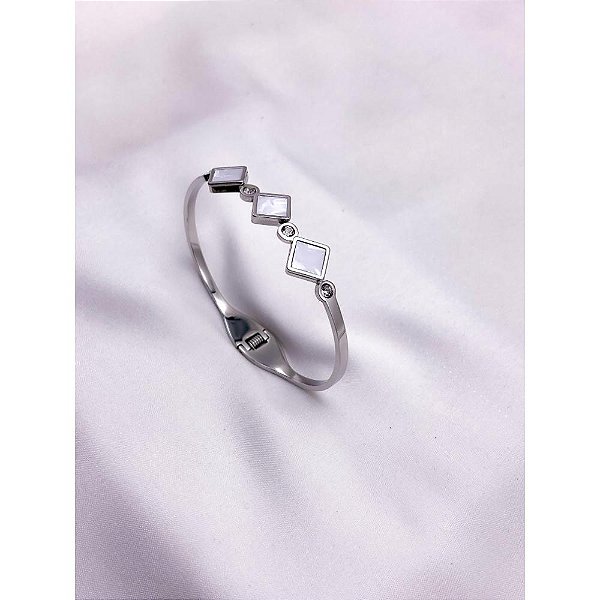 BRACELETE AÇO INOXIDÁVEL GEOMETRICO PEROLADO - PRATEADO
