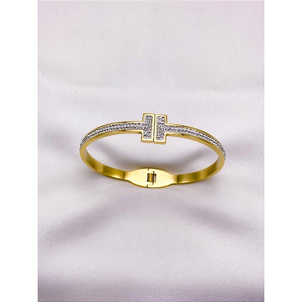 BRACELETE AÇO INOXIDÁVEL CRAVEJADO - DOURADO