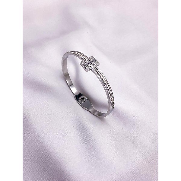BRACELETE AÇO INOXIDÁVEL CRAVEJADO - PRATEADO