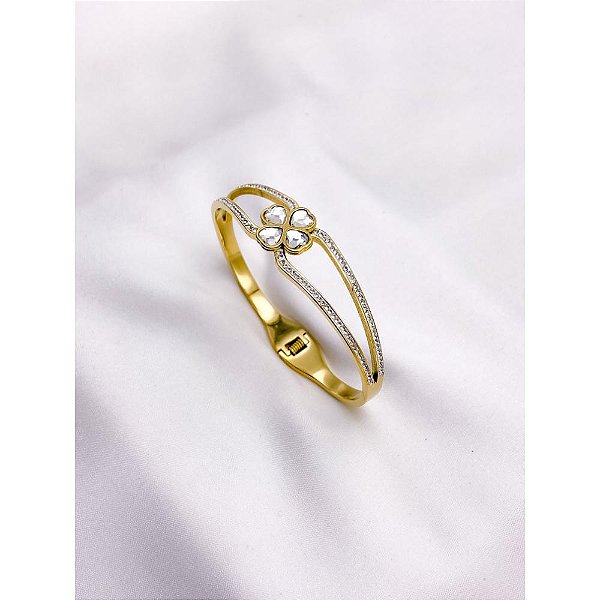 BRACELETE AÇO INOXIDÁVEL CRAVEJADO  TREVO CRISTAL- DOURADO