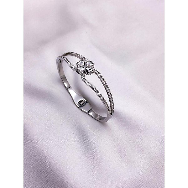 BRACELETE AÇO INOXIDÁVEL CRAVEJADO  TREVO CRISTAL- PRATEADO