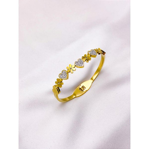 BRACELETE AÇO INOXIDÁVEL CRAVEJADO  CORAÇÕES - DOURADO