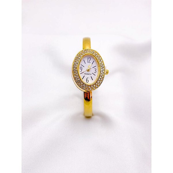 BRACELETE RELÓGIO AÇO INOXIDÁVEL  CRAVEJADO FUNDO BRANCO - DOURADO