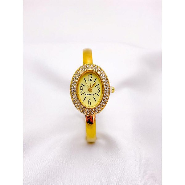 BRACELETE RELÓGIO AÇO INOXIDÁVEL  CRAVEJADO FUNDO DOURADO - DOURADO