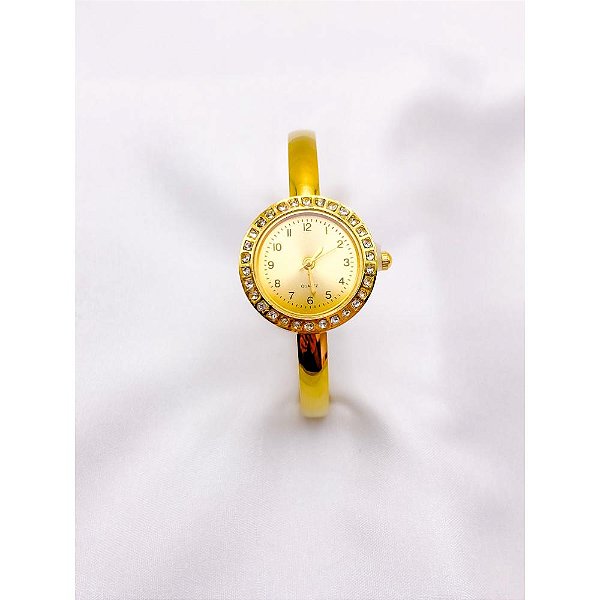 BRACELETE RELÓGIO AÇO INOXIDÁVEL CRAVEJADO FUNDO DOURADO - DOURADO