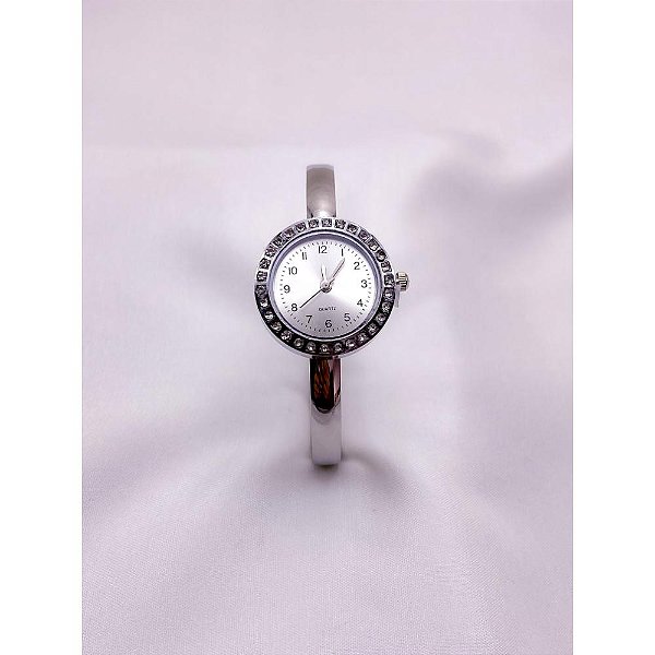 BRACELETE RELÓGIO AÇO INOXIDÁVEL CRAVEJADO FUNDO BRANCO - PRATEADO