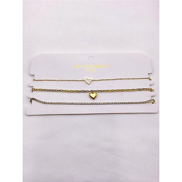 KIT 3 COLARES AÇO INOXIDÁVEL 35CM  ESTILO CHOKER - DOURADO