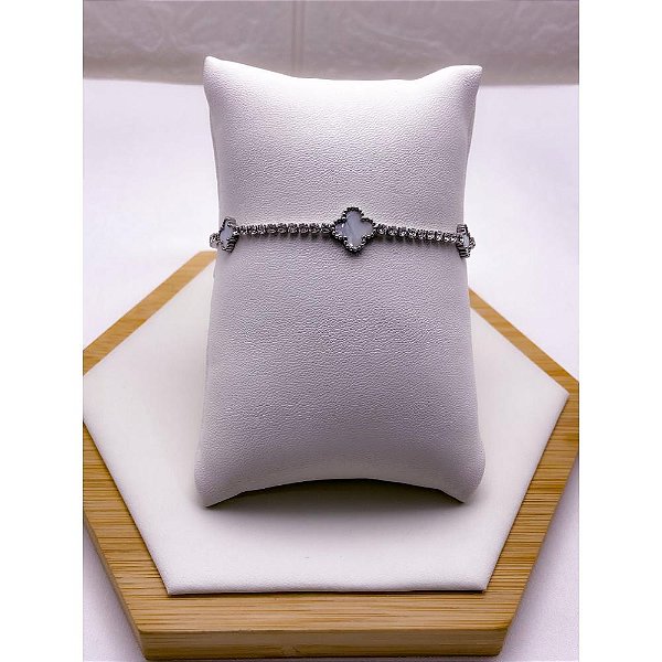 PULSEIRA AÇO INOX  TREVO PEROLADO RIVIERA CRISTAL - PRATEADA
