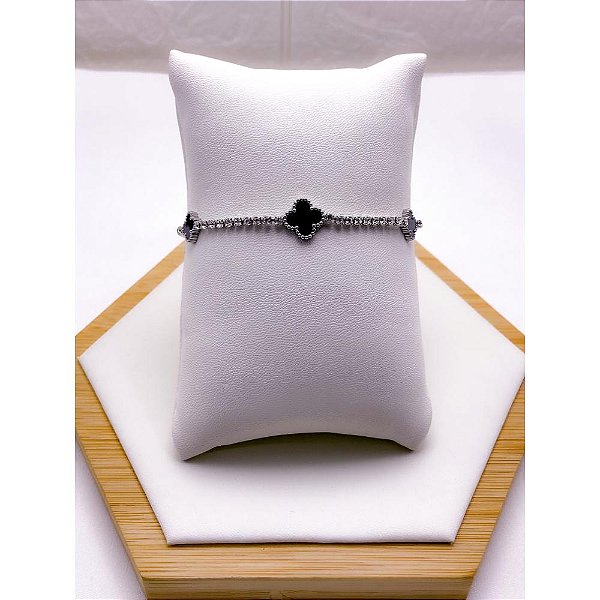PULSEIRA AÇO INOX  TREVO PRETO RIVIERA CRISTAL - PRATEADA