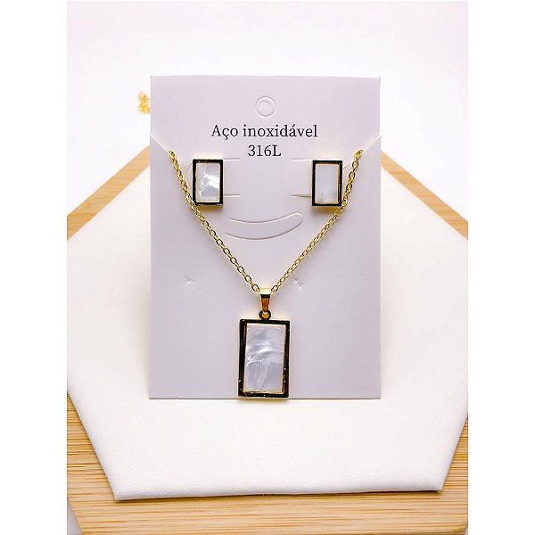 CONJUNTO COLAR  E BRINCO AÇO INOXIDÁVEL  GEOMETRICO PEROLADO - DOURADO