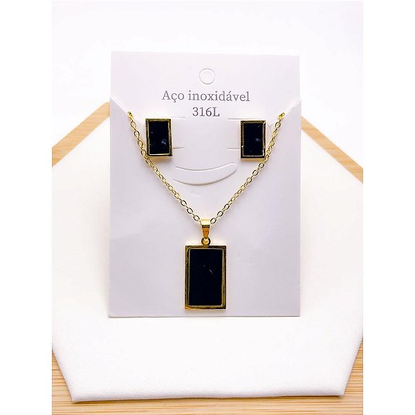 CONJUNTO COLAR  E BRINCO AÇO INOXIDÁVEL  GEOMETRICO PRETO - DOURADO