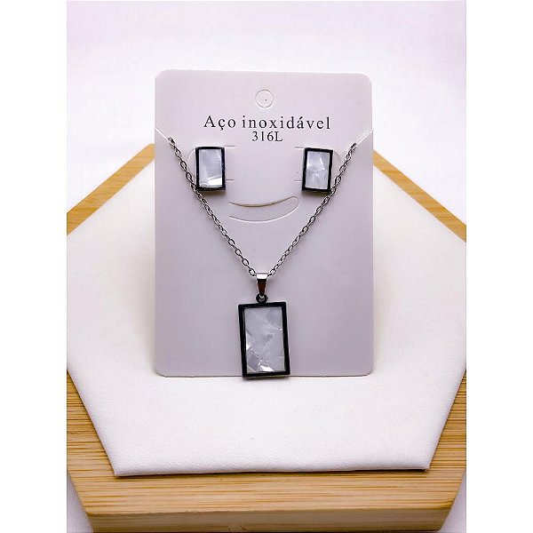 CONJUNTO COLAR  E BRINCO AÇO INOXIDÁVEL  GEOMETRICO PEROLADO - PRATEADO