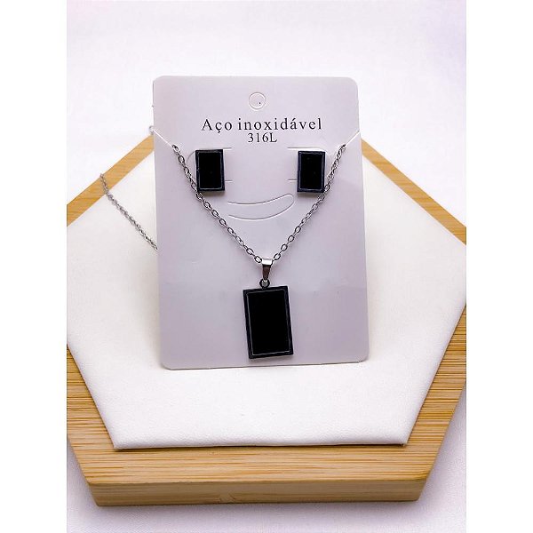 CONJUNTO COLAR  E BRINCO AÇO INOXIDÁVEL  GEOMETRICO PRETO - PRATEADO