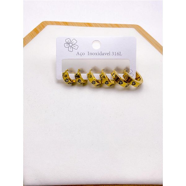CARTELA TRIO ARGOLINHA CLICK AÇO INOX  P M G PEDRA CRISTAL - DOURADO