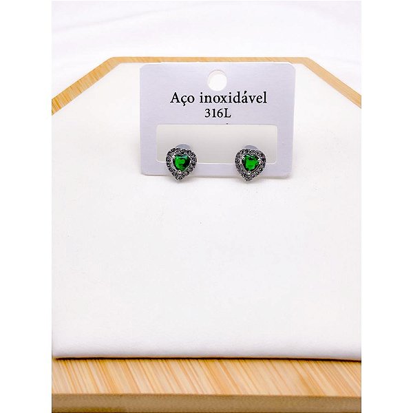 BRINCO AÇO INOXIDÁVEL  CORAÇÃO CRAVEJADO PEDRA VERDE - PRATEADO