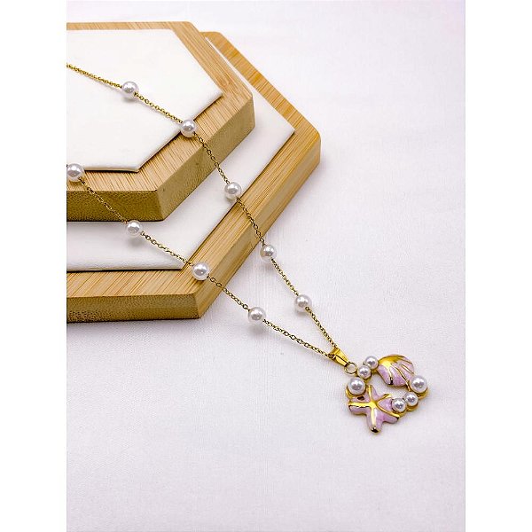 COLAR AÇO INOXIDÁVEL COM PEROLAS PINGENTE ESTRELA DO MAR RESINADO ROSA - DOURADO
