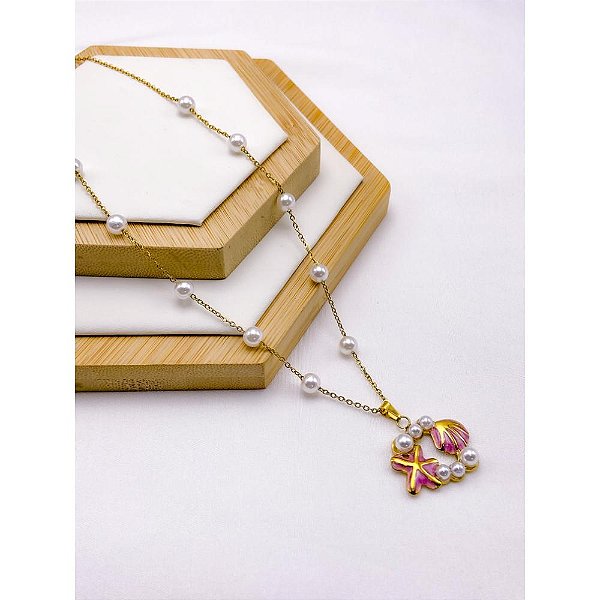 COLAR AÇO INOXIDÁVEL COM PEROLAS PINGENTE ESTRELA DO MAR RESINADO PINK - DOURADO