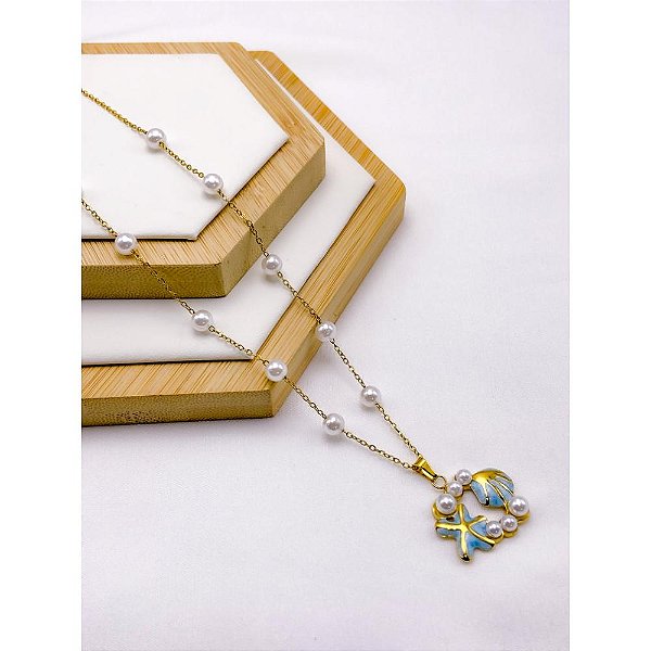 COLAR AÇO INOXIDÁVEL COM PEROLAS PINGENTE ESTRELA DO MAR RESINADO AZUL - DOURADO