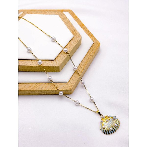 COLAR AÇO INOXIDÁVEL COM PEROLAS PINGENTE ESTRELA DO MAR ESMALTADO AZUL - DOURADO