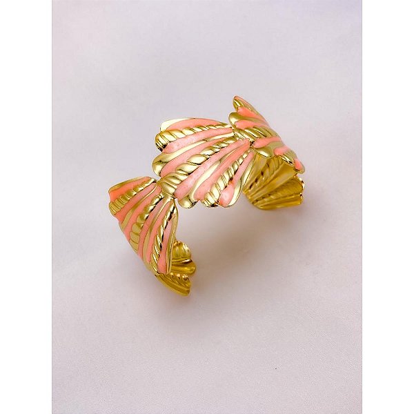 BRACELETE AÇO INOXIDÁVEL CONCHAS RESINADO ROSA - DOURADO