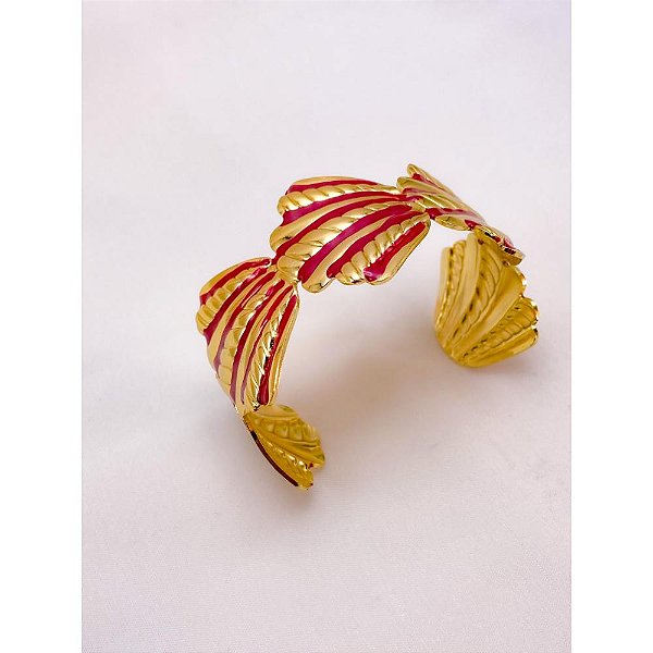 BRACELETE AÇO INOXIDÁVEL CONCHAS RESINADO VERMELHO - DOURADO