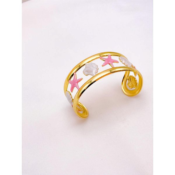 BRACELETE AÇO INOXIDÁVEL ESTRELA DO MAR RESINADO ROSA - DOURADO