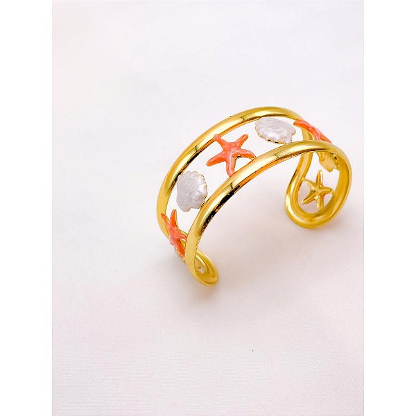 BRACELETE AÇO INOXIDÁVEL ESTRELA DO MAR RESINADO SALMON - DOURADO